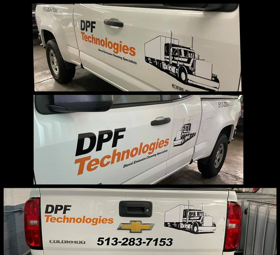Three images of a white truck branded with 