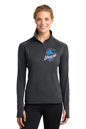 A charcoal gray, long-sleeve, quarter-zip athletic shirt featuring a circular logo on the left chest.