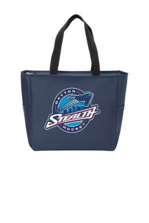 A navy blue tote bag featuring a white and blue