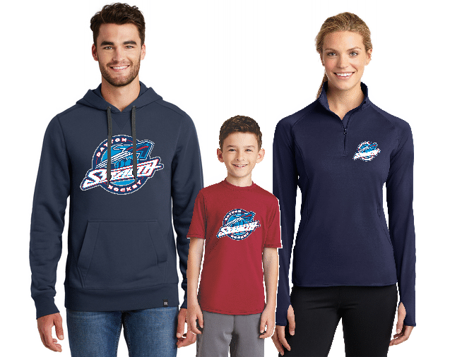 Three people wearing apparel with a
