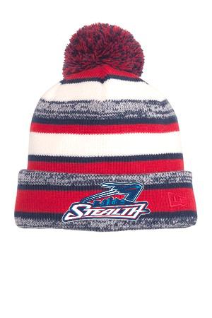 A knit beanie with red, white, and navy blue stripes, a pom-pom on top, and a Vancouver Stealth team logo on the cuff.