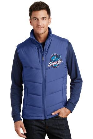 A person wearing a blue, quilted, zip-up vest featuring a graphic logo on the left chest over a matching long-sleeve shirt.