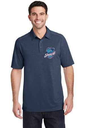 A smiling person wearing a dark blue, textured polo shirt with a circular logo on the left chest.