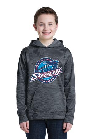A person wearing a grey camouflage-patterned pullover hoodie featuring the
