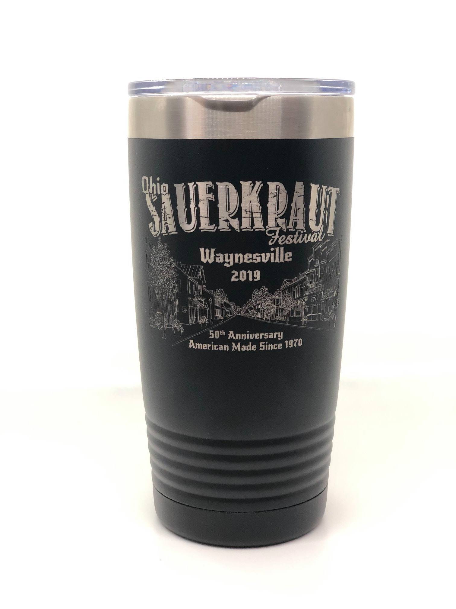A black stainless steel tumbler with the text