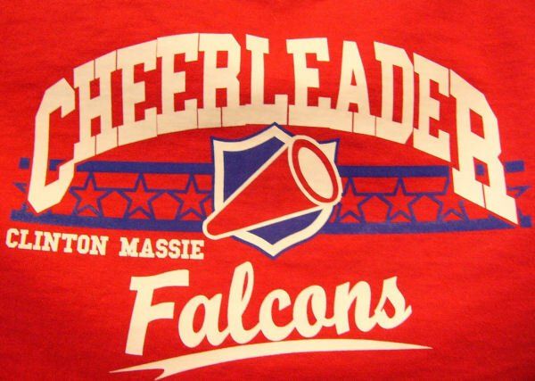 Red Clinton-Massie Falcons cheerleading t-shirt with a blue shield, megaphone icon, and white text.