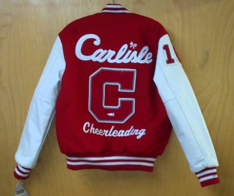 A red and white varsity-style cheerleading jacket with 
