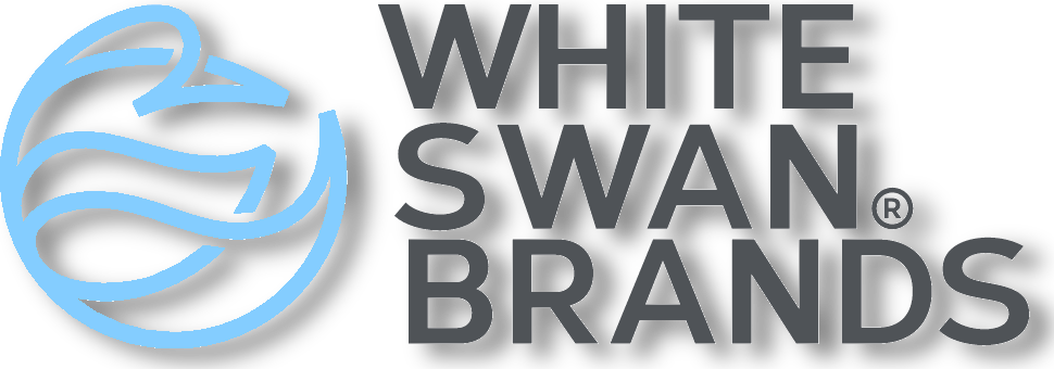 The White Swan Brands logo features a stylized light blue swan inside a circle, with the text 