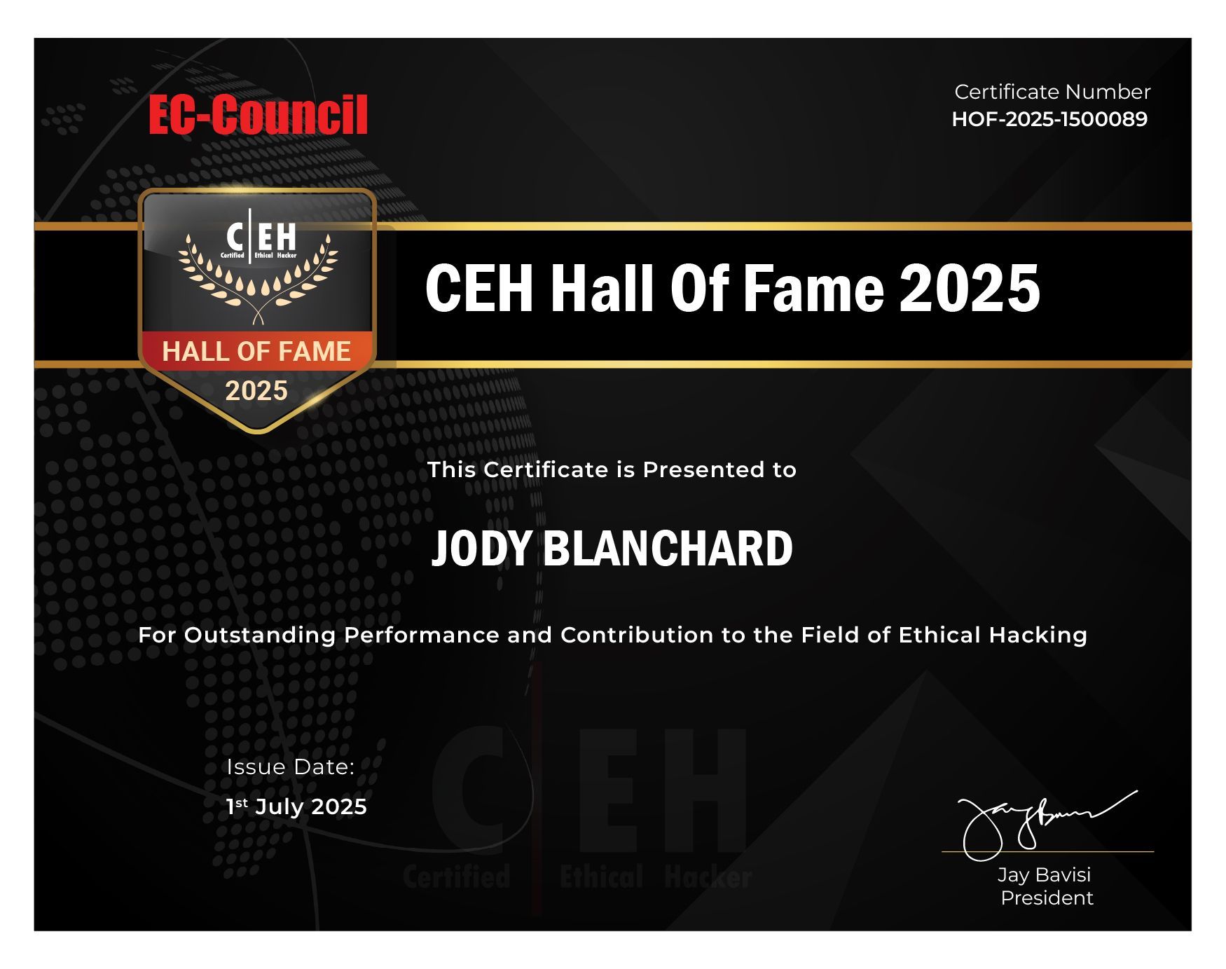 EC-Council CEH Hall of Fame 2025 certificate presented to Jody Blanchard, certificate HOF-2025-1500089