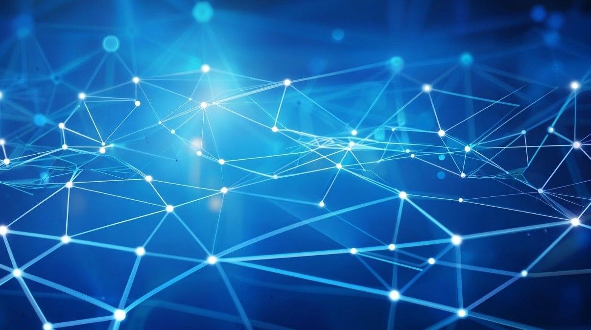 elektronisches Netz mit Lichtpunkten als Knoten und Laserstrahlen als Verbindung der Punkte