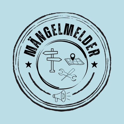 Mängelmelder Logo für Mängelmelder mit Schild, Karte, Werkzeug und Megaphone