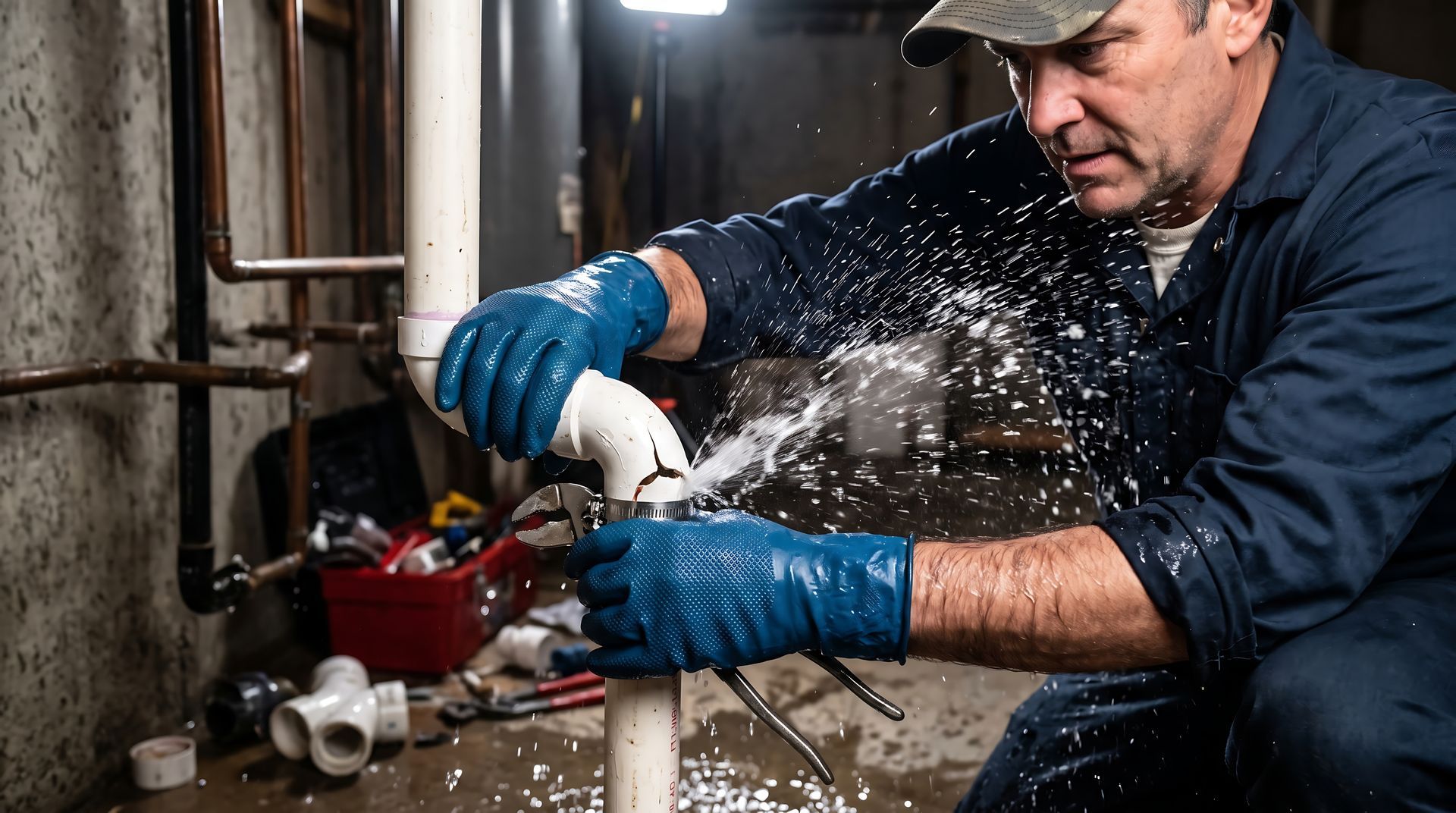 An emergency plumber uses a wrench to patch a burst water pipe leaking under pressure.