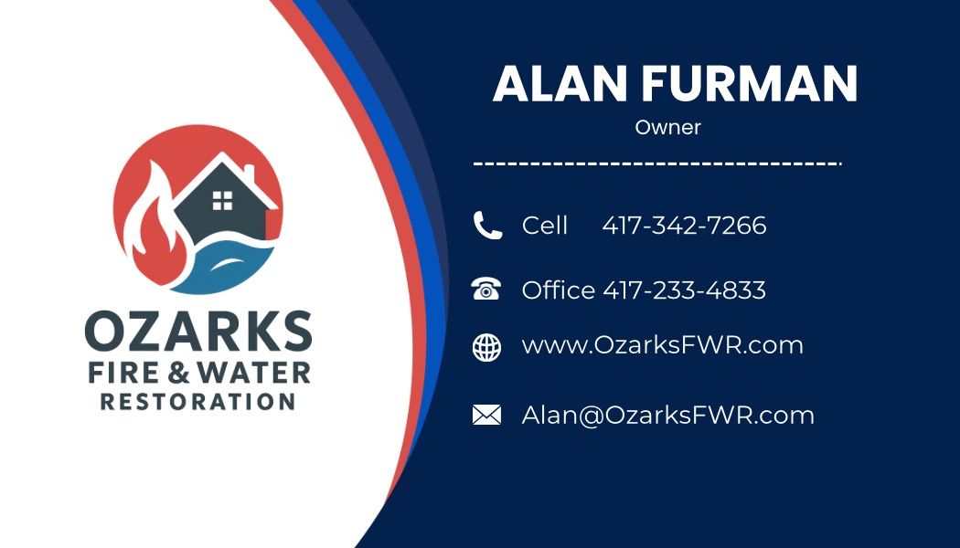 Ozarks Fire & Water Restoration business card for Alan Furman with contact details on navy background Ozarks Fire & Water Restoration business card for Alan Furman with contact details on navy background