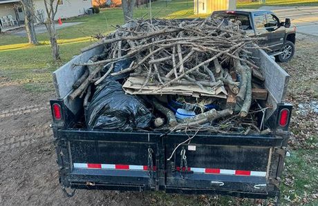A dump truck filled with wood is parked in a yard.