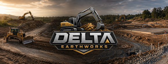 Delta Earthworks logo over a sunset construction site with excavators and earthmoving machinery