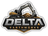 Logo for Delta Earthworks with an excavator over bold metallic text and a dirt mound