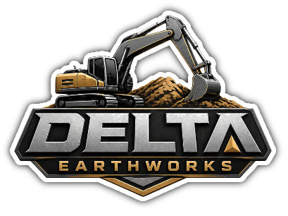 Logo for Delta Earthworks with an excavator over bold metallic text and a dirt mound