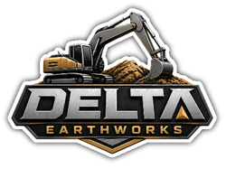 Logo for Delta Earthworks with an excavator over bold metallic text and a dirt mound