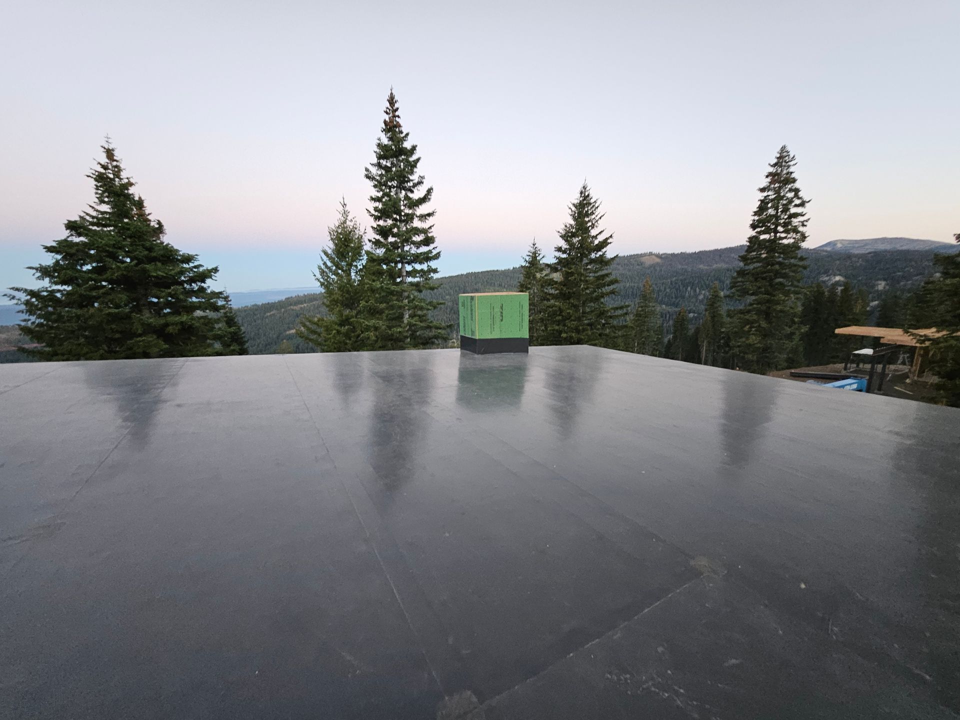 A green utility box sits on a flat, dark gray rooftop against a backdrop of pine trees and a mountainous landscape.