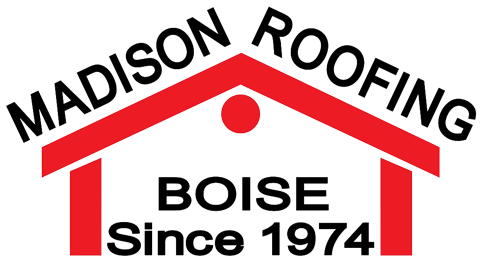 Madison Roofing logo in red and black, with a house icon, text reading "BOISE Since 1974," on a white background.