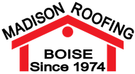 Madison Roofing logo in red and black, with a house icon, text reading "BOISE Since 1974," on a white background.