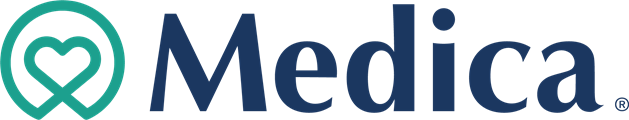 A blue and green logo for medica with a heart in the middle.
