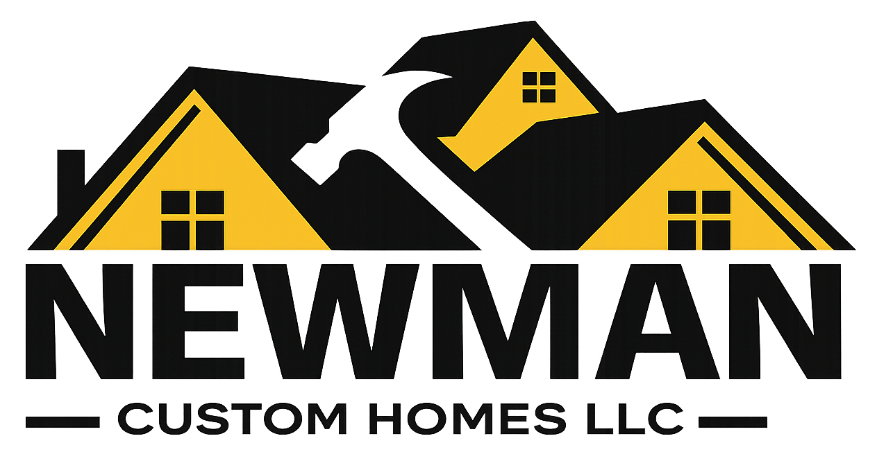 Logo for Newman Custom Homes LLC. Features houses, a hammer, and text on a white background.