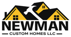 Logo for Newman Custom Homes LLC. Features houses, a hammer, and text on a white background.