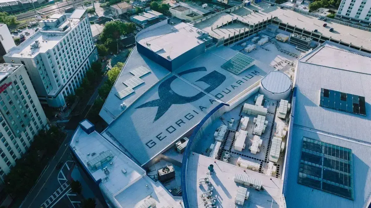 Aerial view of a modern city plaza with angular buildings, roads, and rooftop structures in winter light