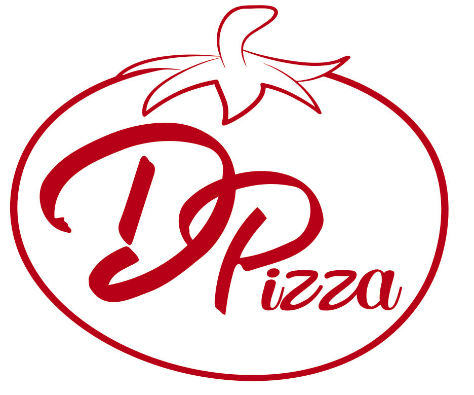 Red DPizza logo with a tomato outline and stylized red lettering