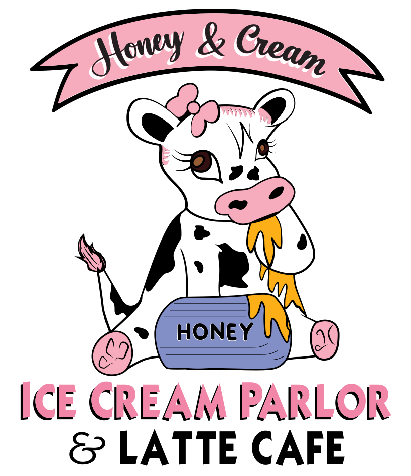 Pink-and-black cow mascot logo for Honey & Cream Ice Cream Parlor & Latte Cafe, holding a honey pot