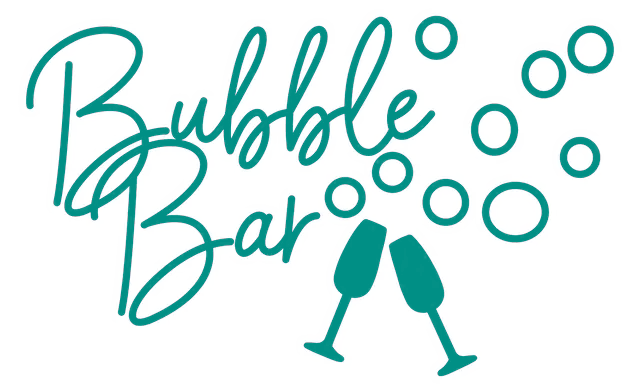 Teal Bubble Bar logo with two clinking champagne glasses and bubbles on a white background