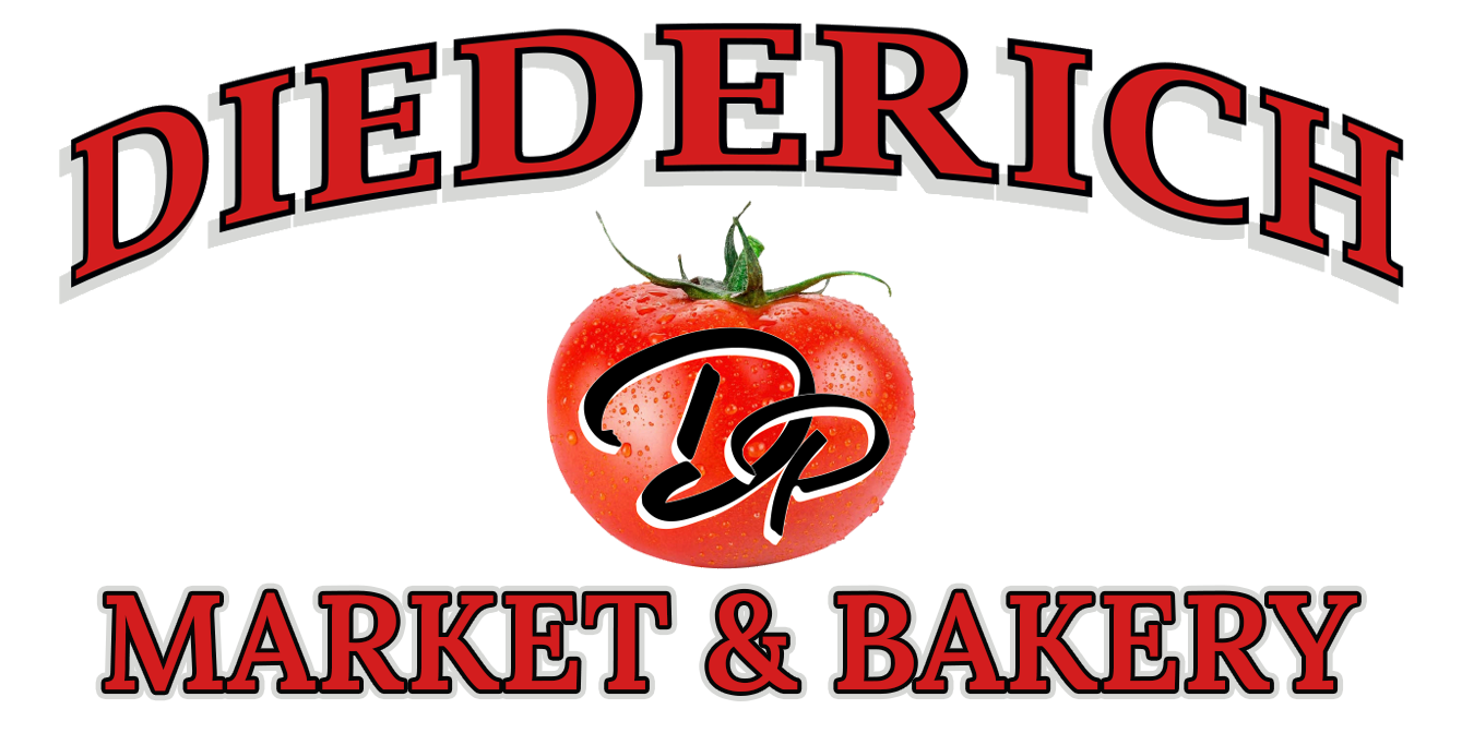 Diederich Market & Bakery logo with red text and a tomato graphic
