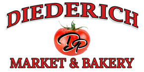 Diederich Market & Bakery logo with red text and a tomato graphic