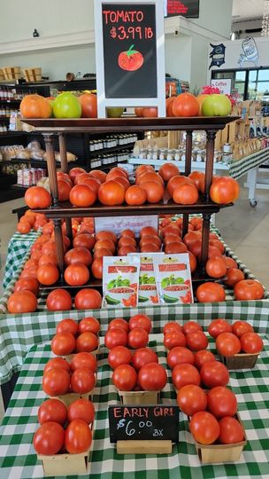 Display of red tomatoes stacked in grocery market bins with price signs and green checkered cloth.