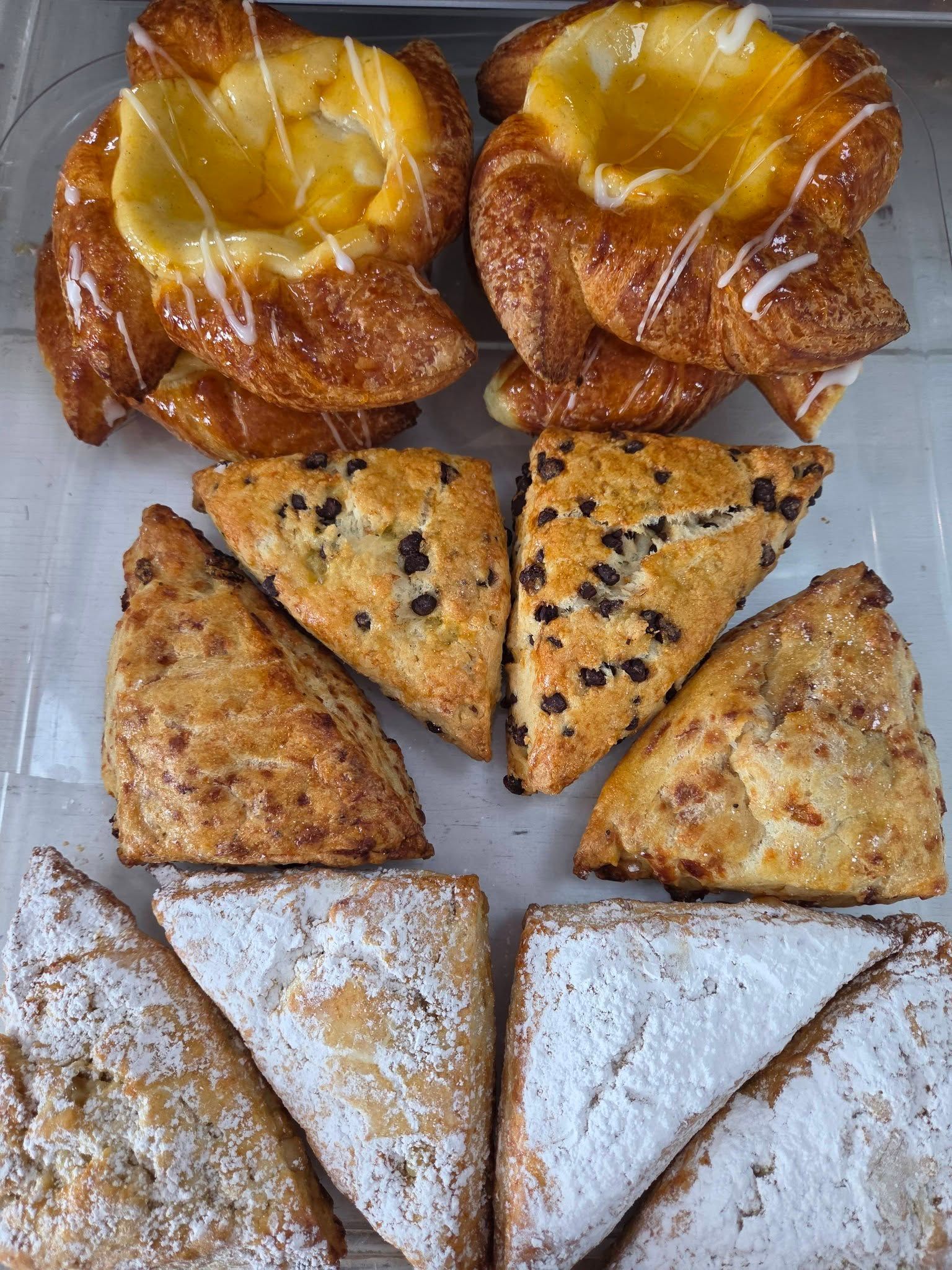 Assorted pastries arranged in a neat grid, including glazed and powdered triangular treats.