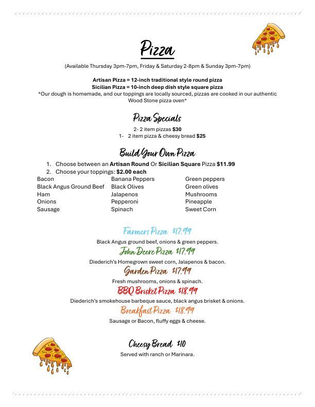 Pizza restaurant menu with specialty, vegetarian, and chicken pizzas, plus sides and drinks on a white background