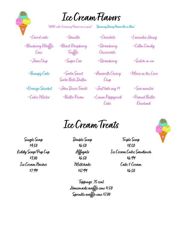 Ice cream shop menu with pink flavor list and treats, topped by colorful ice cream cone icons