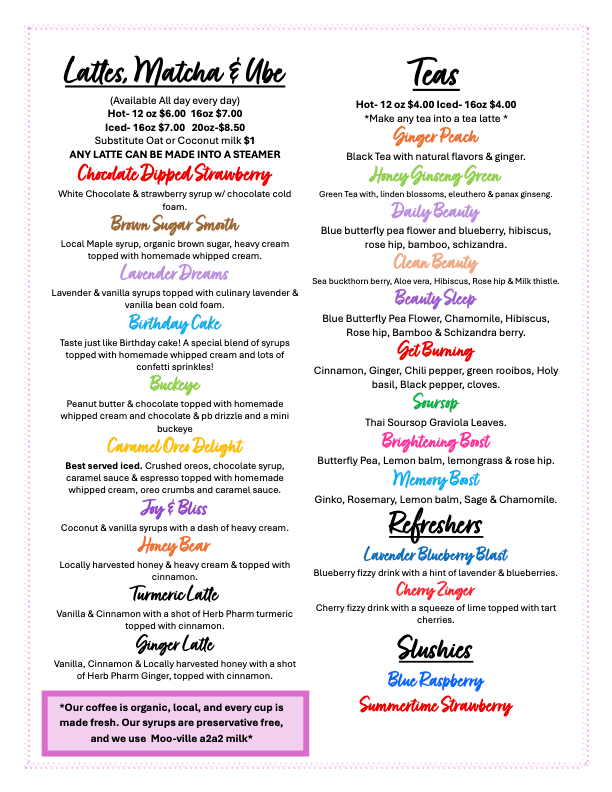 Poster listing coffee, tea, and seasonal drink menu items in colorful text on a white background