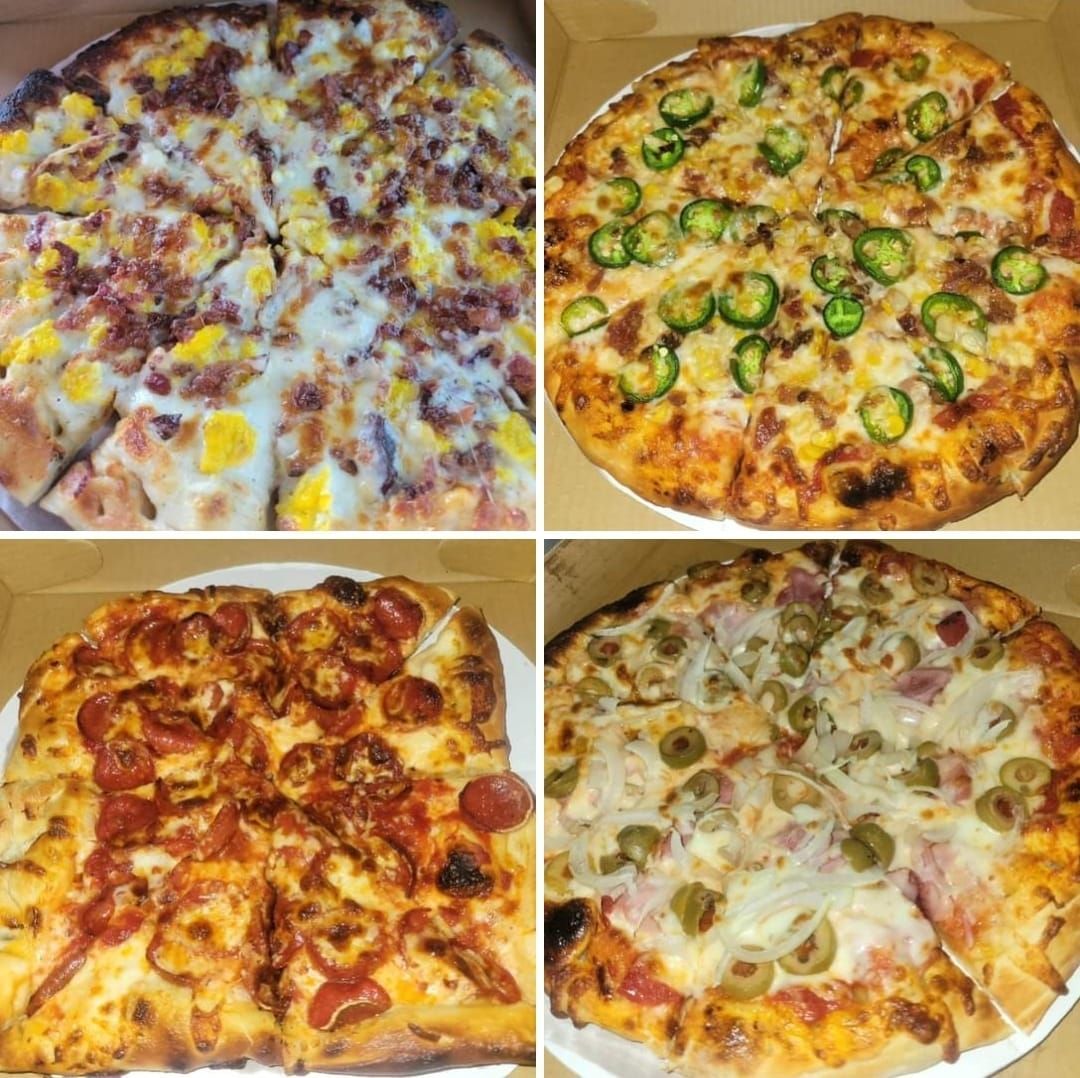 Four square pizza photos showing different toppings: cheese, jalapeño, pepperoni, and onion.