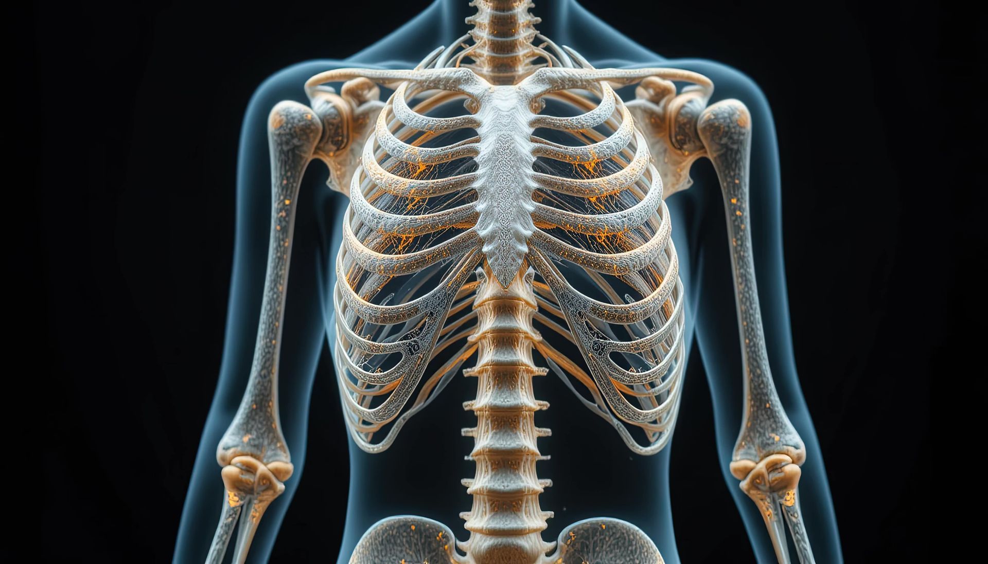 Torso humano esquelético transparente, com os braços estendidos, contra um fundo preto.