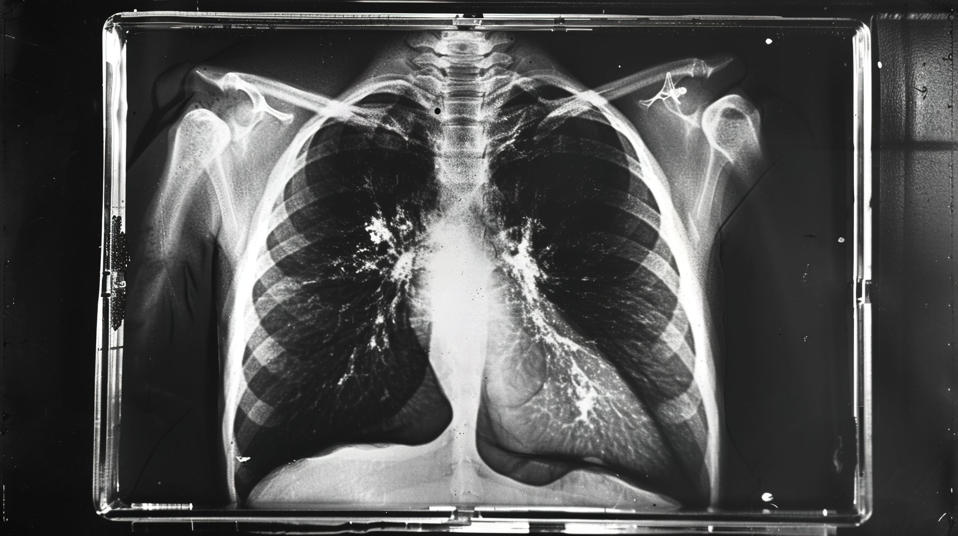 Radiografia de tórax mostrando a caixa torácica, os pulmões e o coração. Manchas escuras indicam possíveis anormalidades 