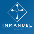 Blue Immanuel Lutheran Church logo with white cross and text, Amlenon, MN