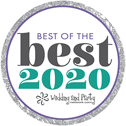 “Best of the Best 2020” award badge with purple border and teal accents, Wedding and Party Network logo below