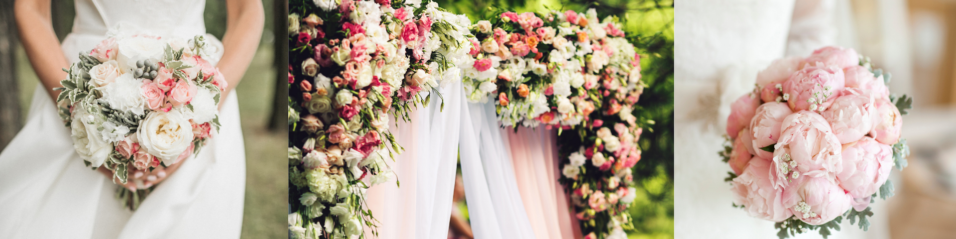 Bridal bouquet and cascading floral arrangements in white, pink, and blush tones against a light background