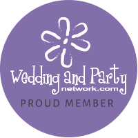 Purple circular “Wedding and Party Network” Proud Member logo with white floral icon and text
