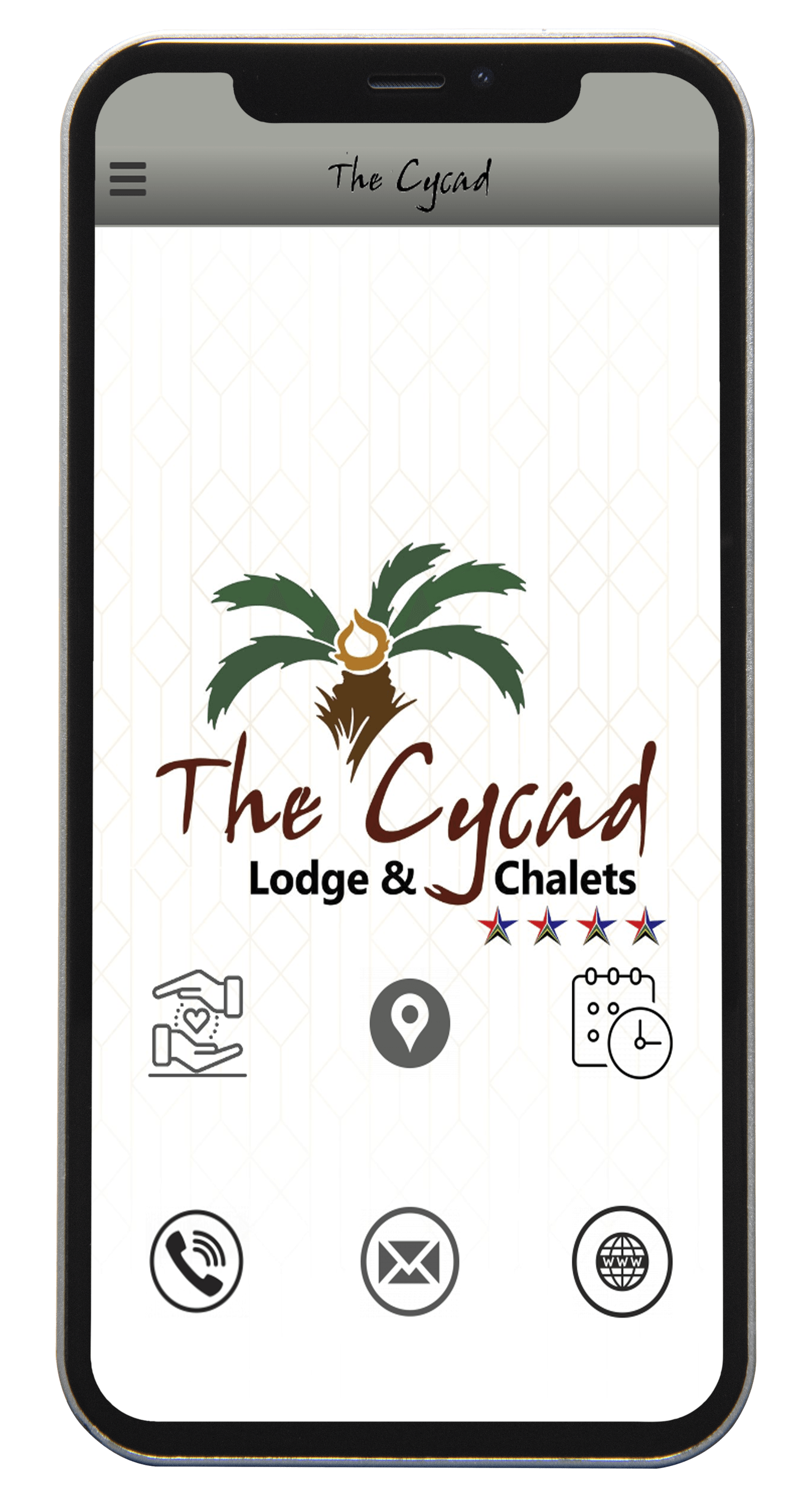 A cell phone with the logo for the cycad lodge and chalets on it.