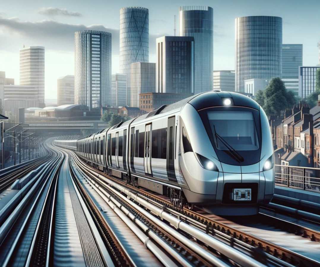 A train is going down train tracks in front of a city.