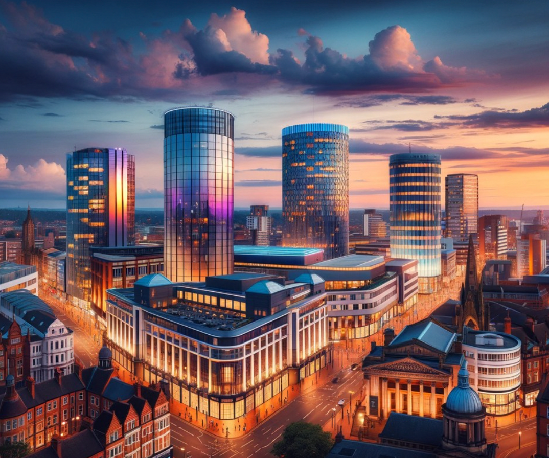 An aerial view of a city at night with lots of tall buildings
