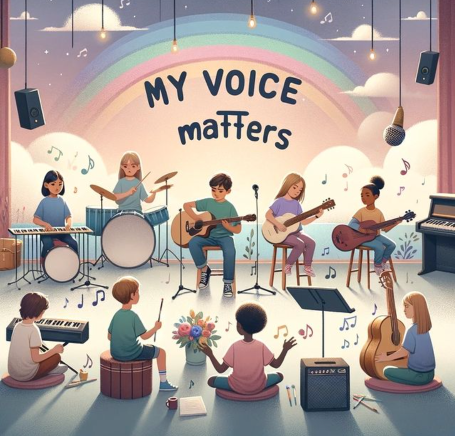 A group of people are playing musical instruments on a stage.